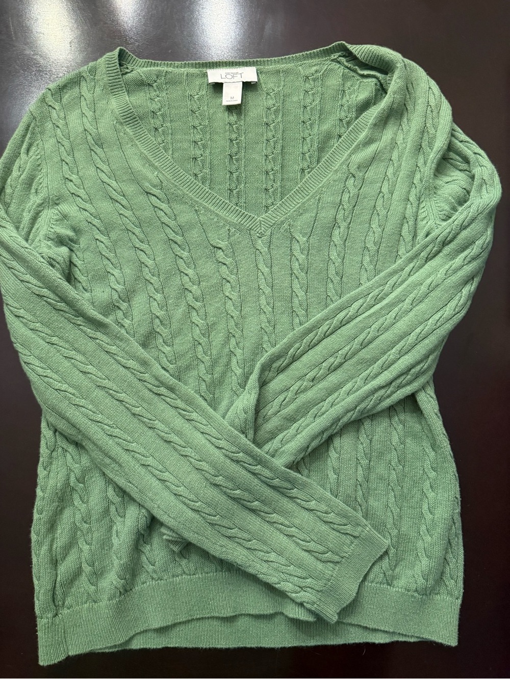 LOFT Sage Green Cable-Knit V-Neck Sweater